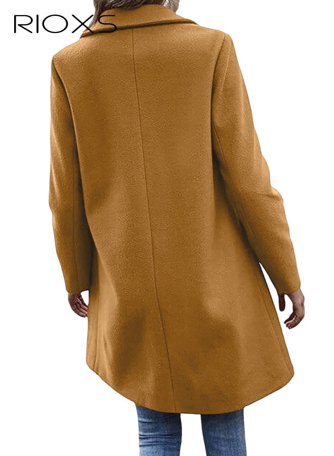 RIOXS Women's Notch Lapel Button Wool Blend Mid Long Coat, Stylish Warm Tweed Over Coat  Long Jacket with One Button and 2 Pockets, Winter Midi Long Pea Coat, Good for Street, Dating, Work, Office, Shopping or Everyday Wear, Dark Brown - Image 3